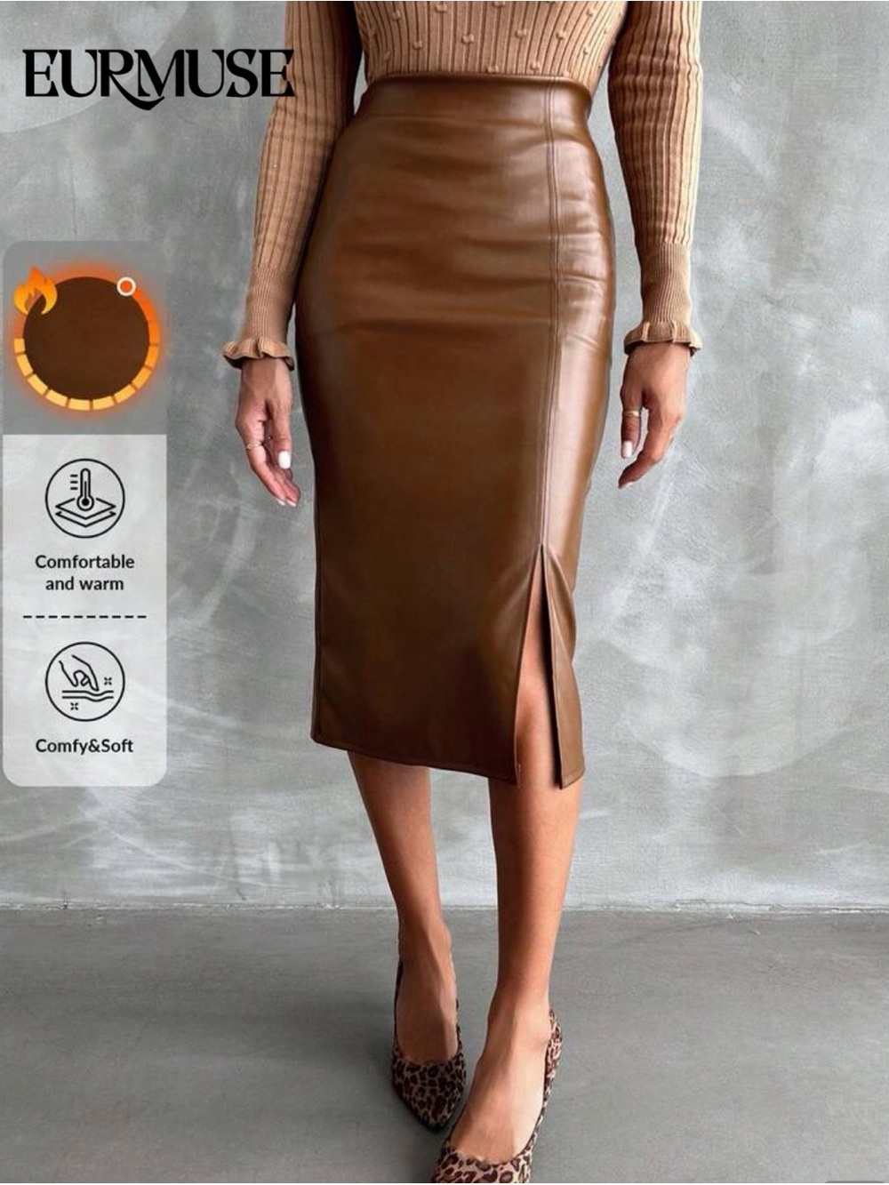 Muse Brown Faux Leather Pencil Skirt with Side Slit